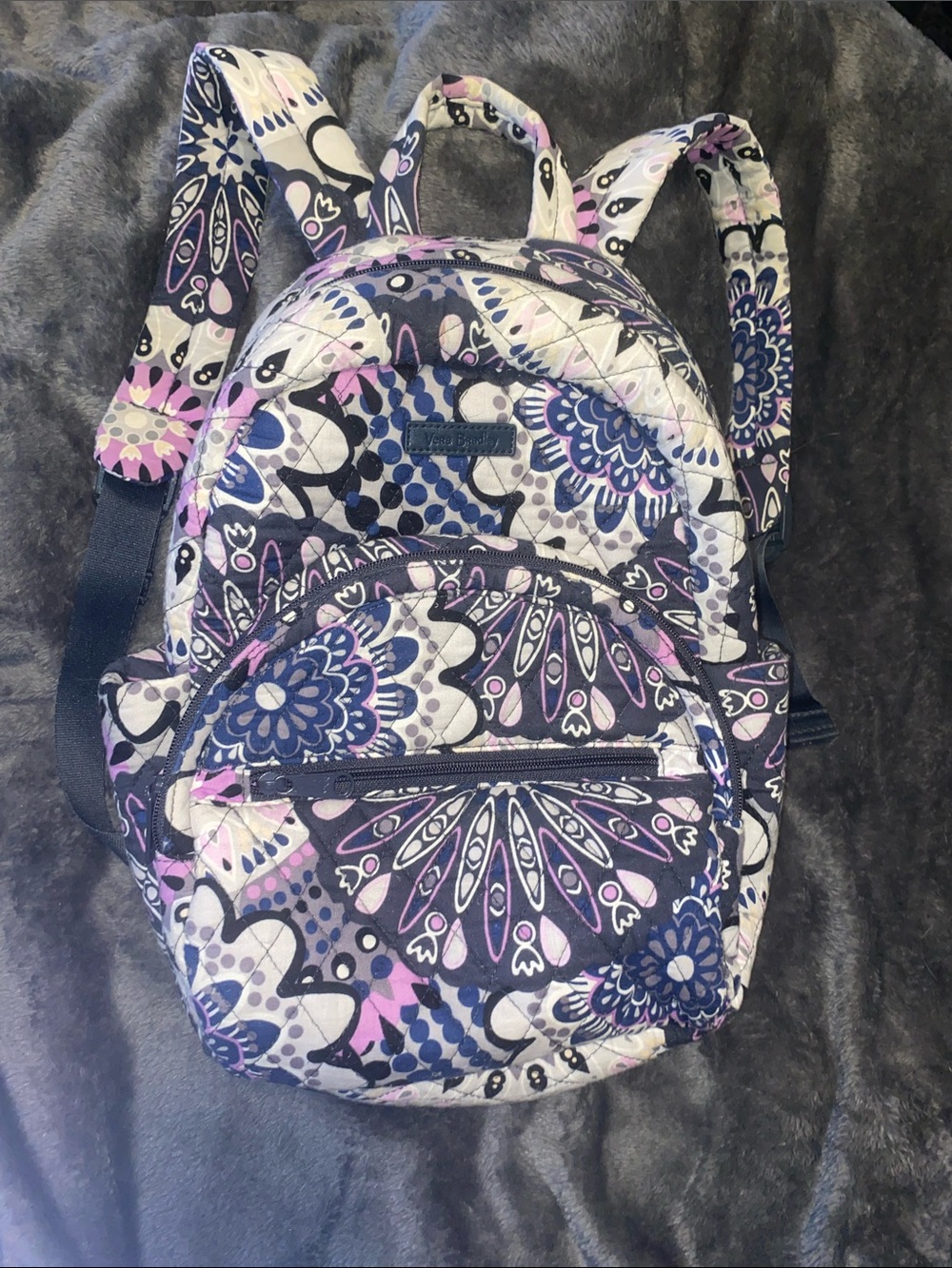 Vera Bradley Quilted Mini Backpack in Navy, Purple & Pink Pattern
